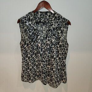 Tahari Womens Ruffle Sleeveless Blouse Size XL Black & White Animal Print